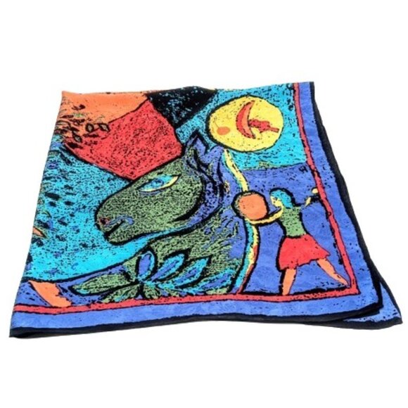 Abstract Chagall Multicolor Print Square Silk Jacquard Scarf - Picture 4 of 5